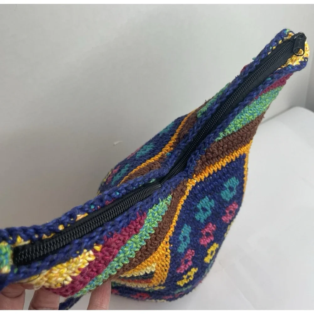 Guatamalan Woven Hobo Bag Crossbody Purse With Zipper Blue Orange Yellow Floral